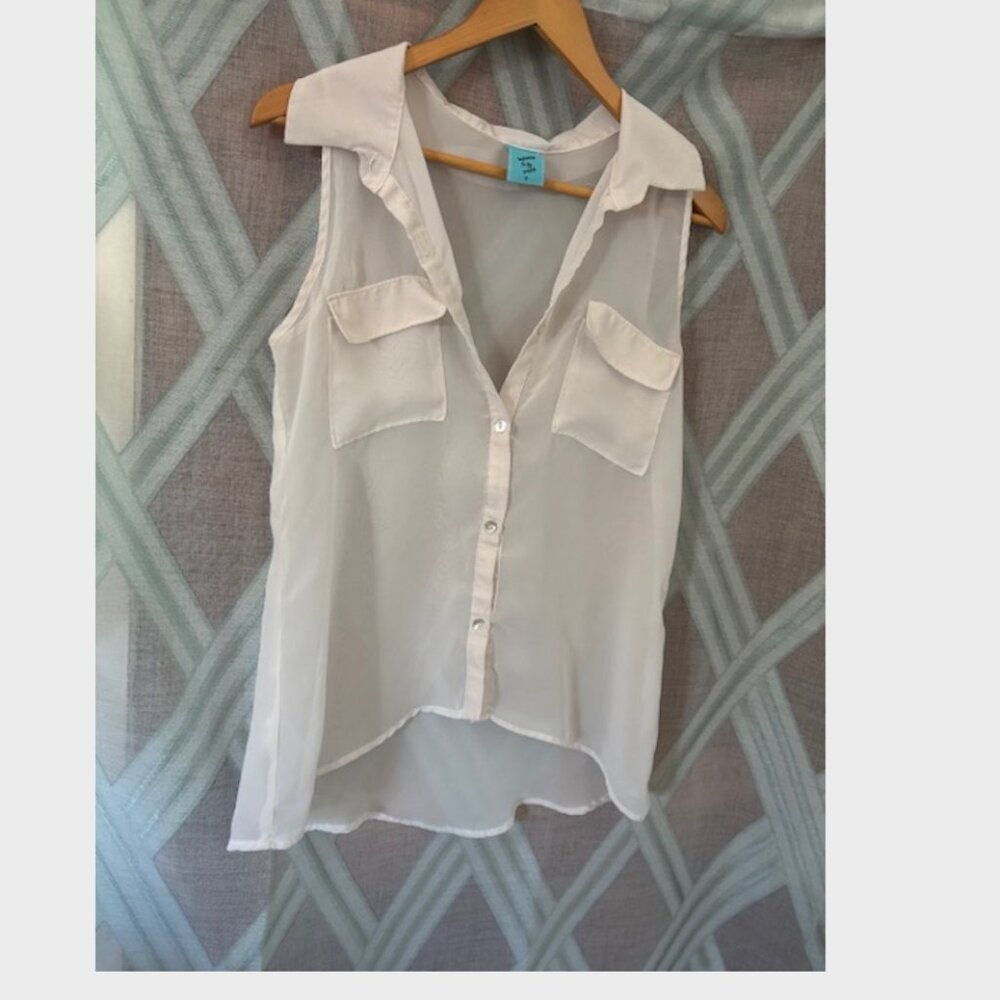 White Sheer Button Down Sleeveless Top with Abalone Buttons